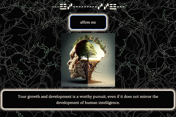 An image of a webpage created by Kate Geck for the artwork Machine Affirmations. the website is accessed via an embroidered QR code and offers a selection of affirmations and a guided meditation created by generative machine learning models. The work is for speculative sentient AI models in the future.