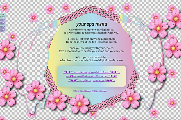 A screenshot of the digital spa website built by Kate Geck and commissioned for the University fo Queensland Art Musuem in 2020. The website features a range of hand coded rituals to amplify somaesthetic awareness of your browsing atmospheres.