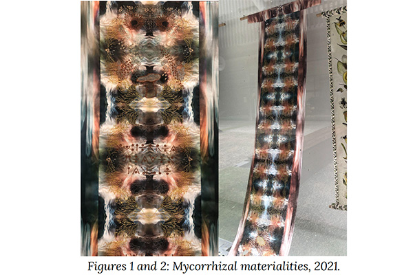 An image of textiles created by Kate Geck and written about in the ISEA paper Mycorrhizal Materialities: positioning the entanglement of human and machine intelligence.